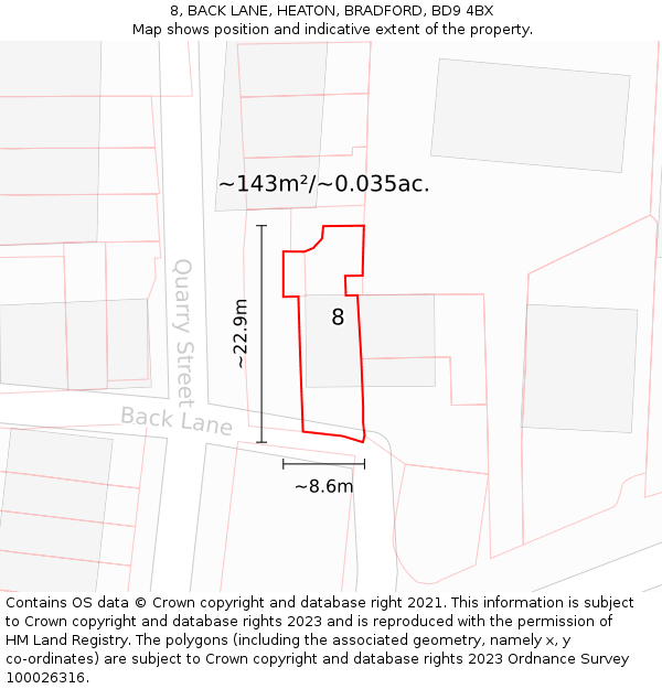 8, BACK LANE, HEATON, BRADFORD, BD9 4BX: Plot and title map