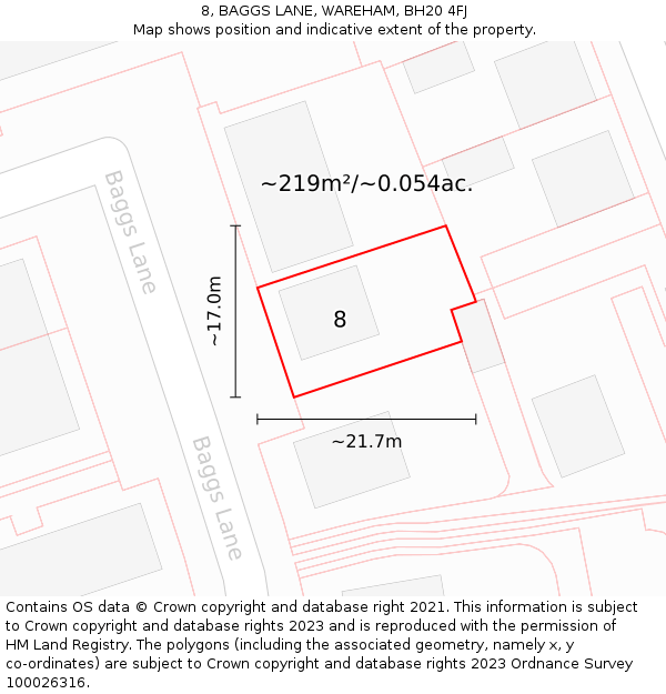 8, BAGGS LANE, WAREHAM, BH20 4FJ: Plot and title map