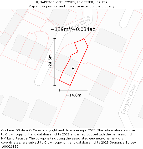 8, BAKERY CLOSE, COSBY, LEICESTER, LE9 1ZP: Plot and title map