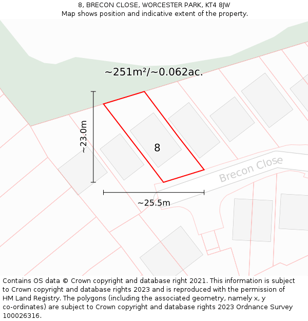 8, BRECON CLOSE, WORCESTER PARK, KT4 8JW: Plot and title map