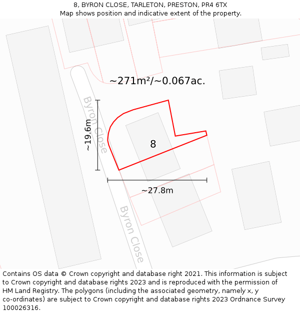 8, BYRON CLOSE, TARLETON, PRESTON, PR4 6TX: Plot and title map