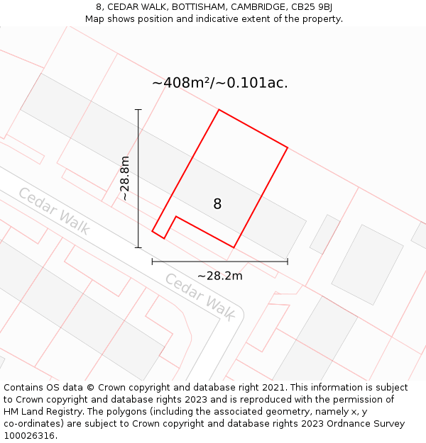8, CEDAR WALK, BOTTISHAM, CAMBRIDGE, CB25 9BJ: Plot and title map