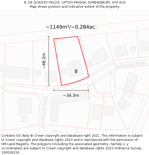 8, DE QUINCEY FIELDS, UPTON MAGNA, SHREWSBURY, SY4 4US: Plot and title map