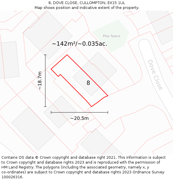 8, DOVE CLOSE, CULLOMPTON, EX15 1UL: Plot and title map