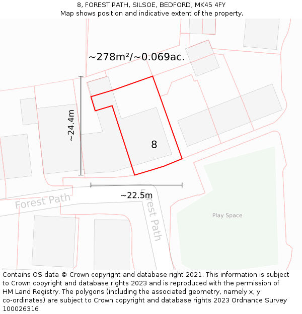 8, FOREST PATH, SILSOE, BEDFORD, MK45 4FY: Plot and title map