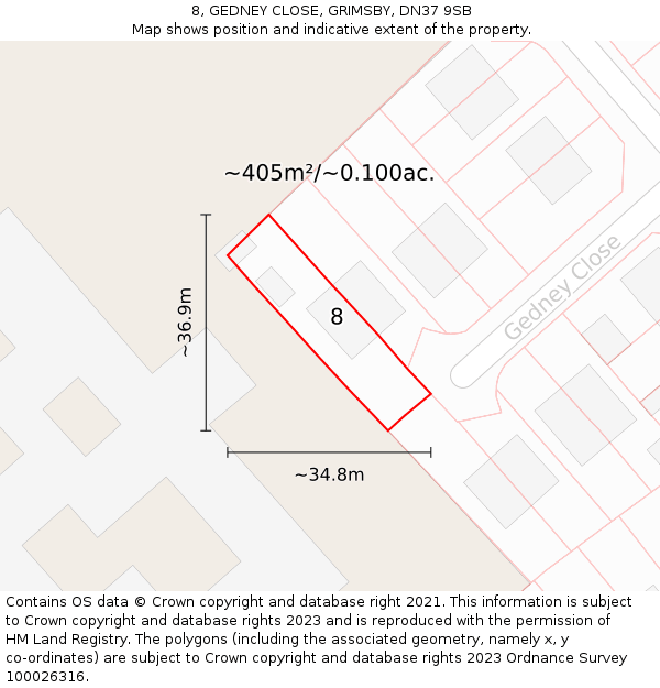 8, GEDNEY CLOSE, GRIMSBY, DN37 9SB: Plot and title map