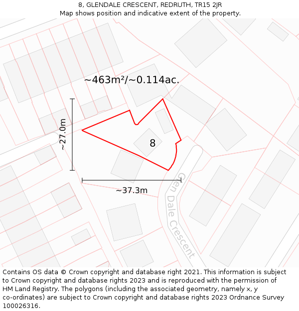 8, GLENDALE CRESCENT, REDRUTH, TR15 2JR: Plot and title map