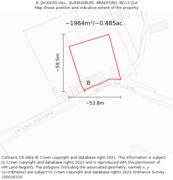8, JACKSON HILL, QUEENSBURY, BRADFORD, BD13 2LA: Plot and title map