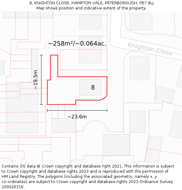 8, KNIGHTON CLOSE, HAMPTON VALE, PETERBOROUGH, PE7 8LJ: Plot and title map