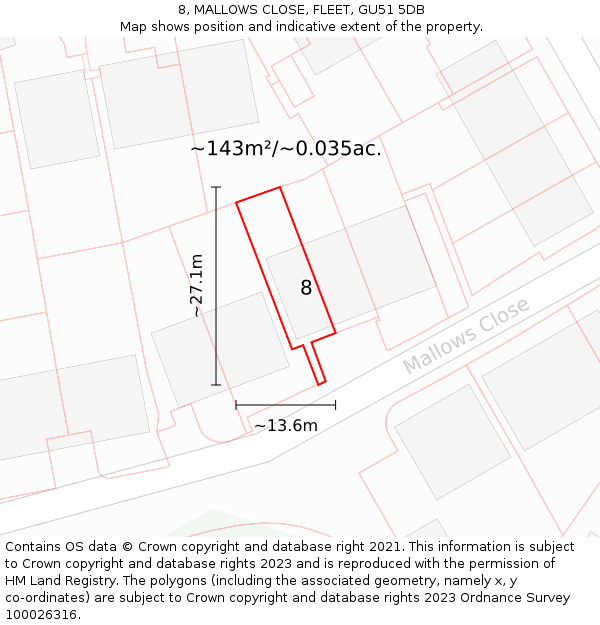 8, MALLOWS CLOSE, FLEET, GU51 5DB: Plot and title map