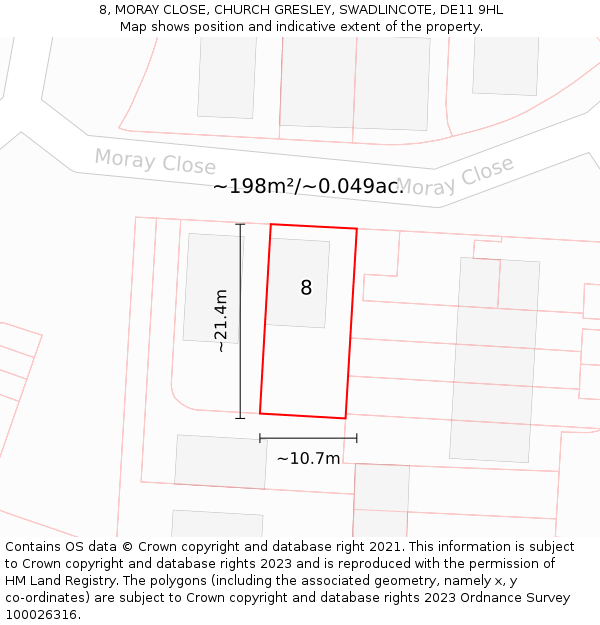 8, MORAY CLOSE, CHURCH GRESLEY, SWADLINCOTE, DE11 9HL: Plot and title map