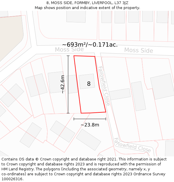 8, MOSS SIDE, FORMBY, LIVERPOOL, L37 3JZ: Plot and title map