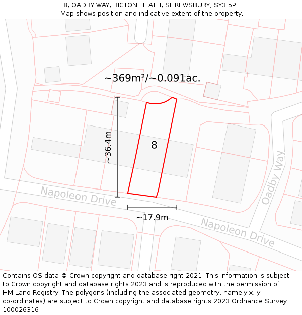 8, OADBY WAY, BICTON HEATH, SHREWSBURY, SY3 5PL: Plot and title map