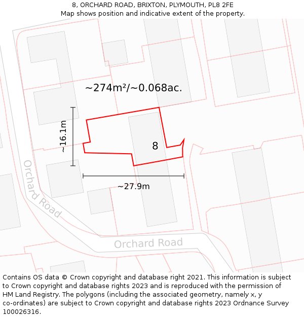 8, ORCHARD ROAD, BRIXTON, PLYMOUTH, PL8 2FE: Plot and title map