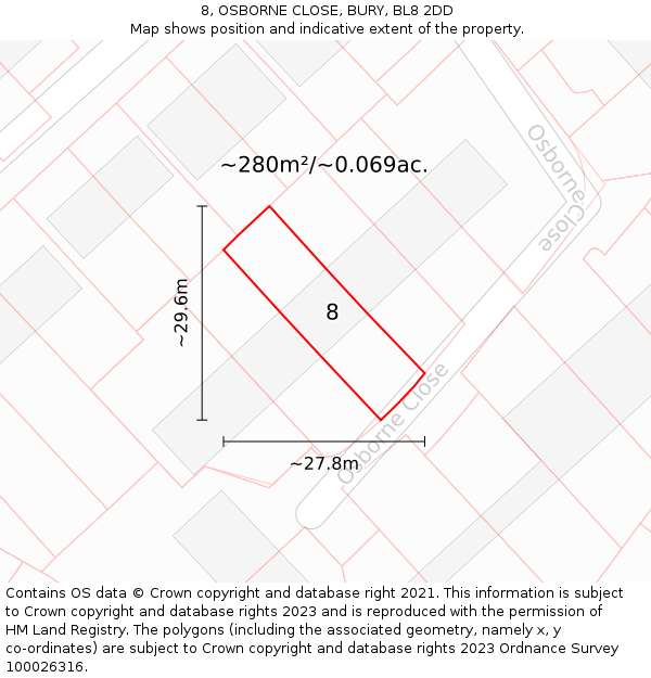 8, OSBORNE CLOSE, BURY, BL8 2DD: Plot and title map