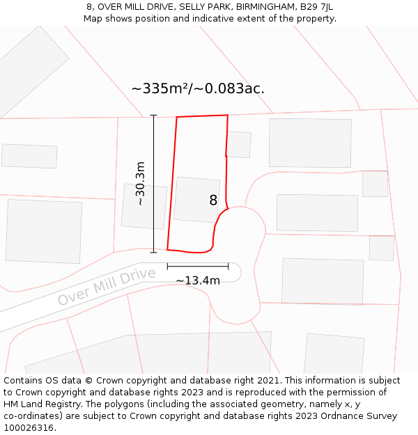8, OVER MILL DRIVE, SELLY PARK, BIRMINGHAM, B29 7JL: Plot and title map