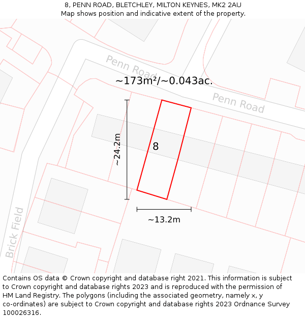 8, PENN ROAD, BLETCHLEY, MILTON KEYNES, MK2 2AU: Plot and title map