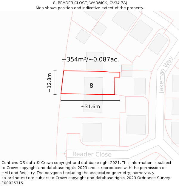 8, READER CLOSE, WARWICK, CV34 7AJ: Plot and title map