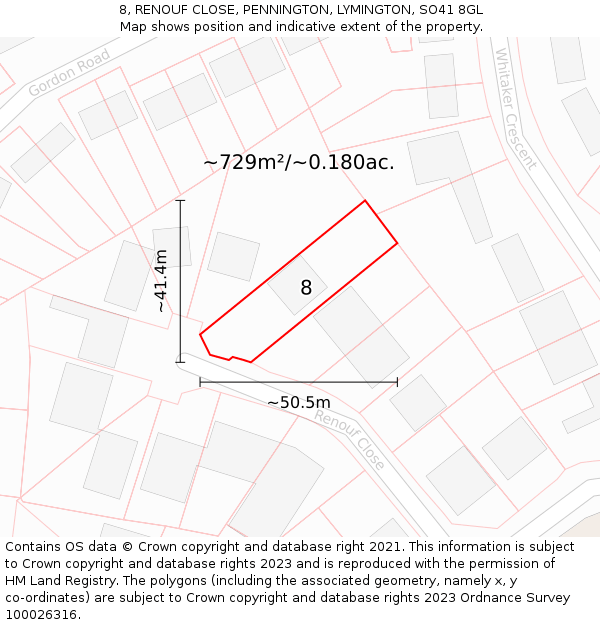 8, RENOUF CLOSE, PENNINGTON, LYMINGTON, SO41 8GL: Plot and title map