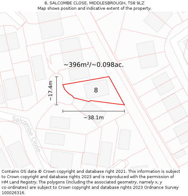 8, SALCOMBE CLOSE, MIDDLESBROUGH, TS8 9LZ: Plot and title map