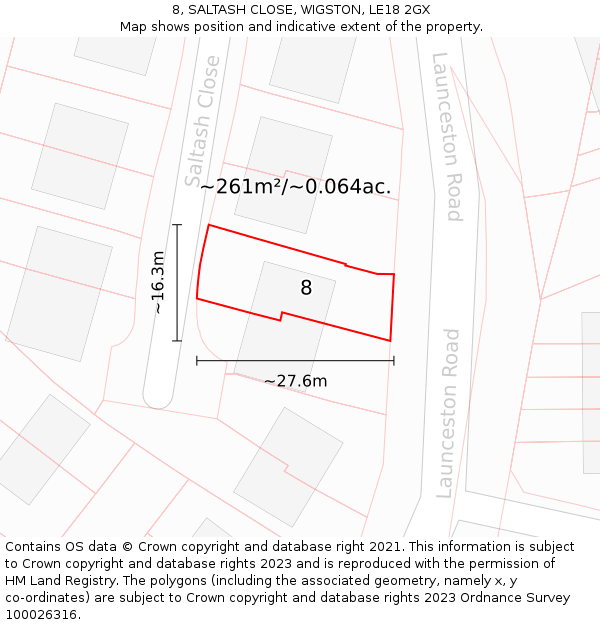 8, SALTASH CLOSE, WIGSTON, LE18 2GX: Plot and title map