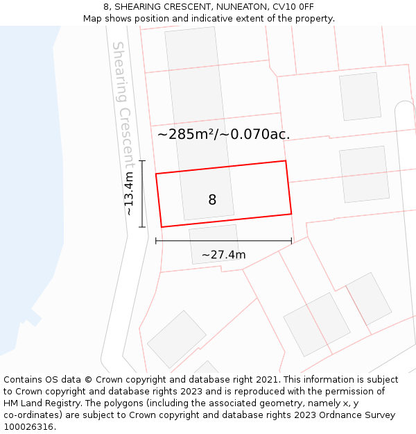 8, SHEARING CRESCENT, NUNEATON, CV10 0FF: Plot and title map