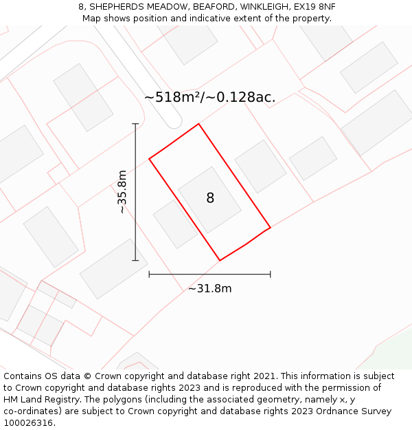 8, SHEPHERDS MEADOW, BEAFORD, WINKLEIGH, EX19 8NF: Plot and title map