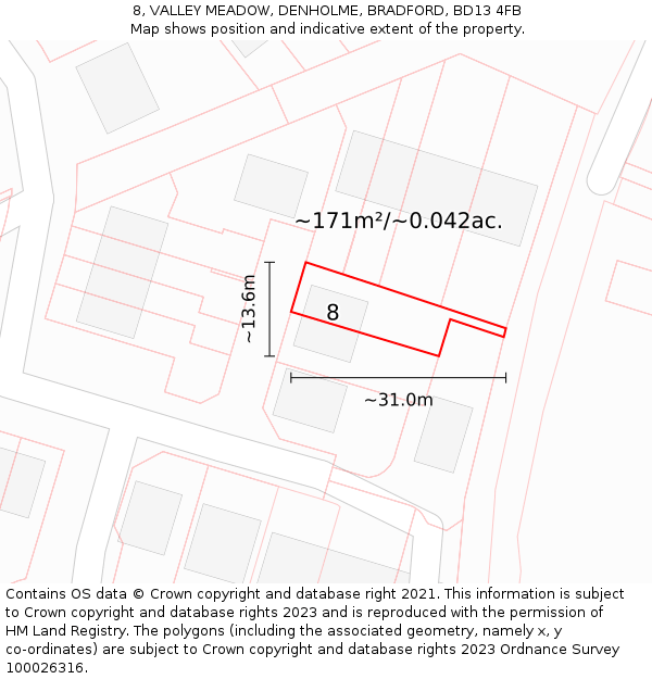 8, VALLEY MEADOW, DENHOLME, BRADFORD, BD13 4FB: Plot and title map