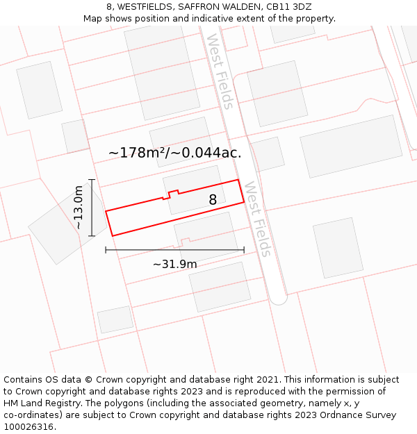 8, WESTFIELDS, SAFFRON WALDEN, CB11 3DZ: Plot and title map