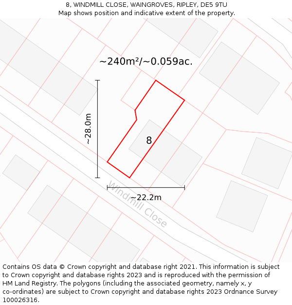8, WINDMILL CLOSE, WAINGROVES, RIPLEY, DE5 9TU: Plot and title map
