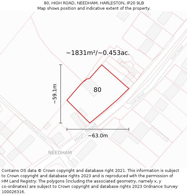 80, HIGH ROAD, NEEDHAM, HARLESTON, IP20 9LB: Plot and title map