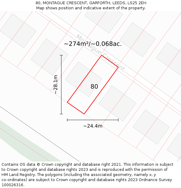 80, MONTAGUE CRESCENT, GARFORTH, LEEDS, LS25 2EH: Plot and title map