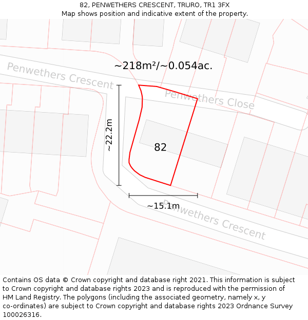 82, PENWETHERS CRESCENT, TRURO, TR1 3FX: Plot and title map