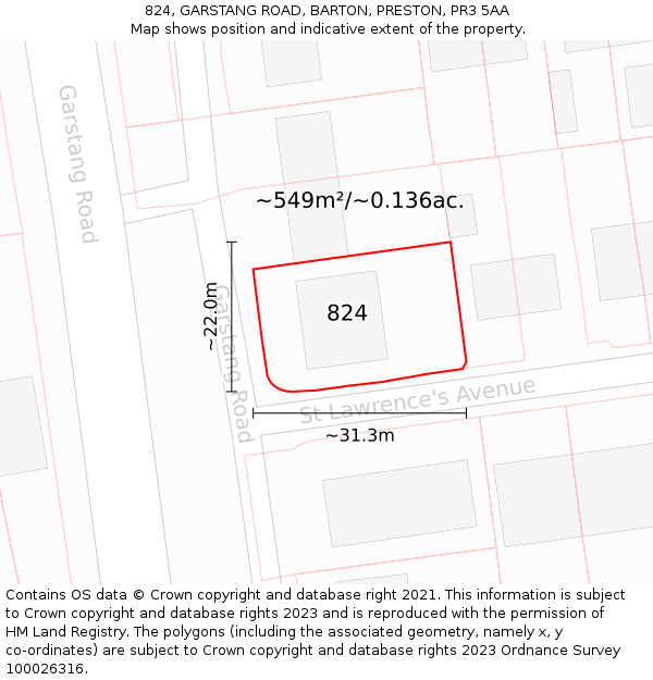 824, GARSTANG ROAD, BARTON, PRESTON, PR3 5AA: Plot and title map