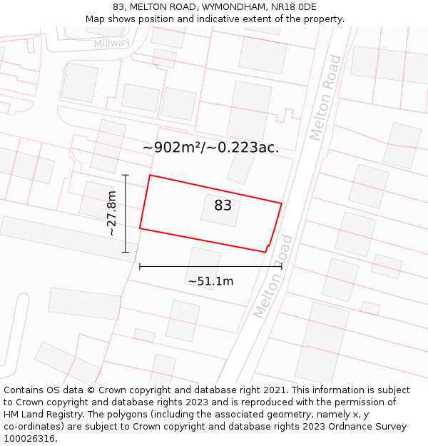 83, MELTON ROAD, WYMONDHAM, NR18 0DE: Plot and title map