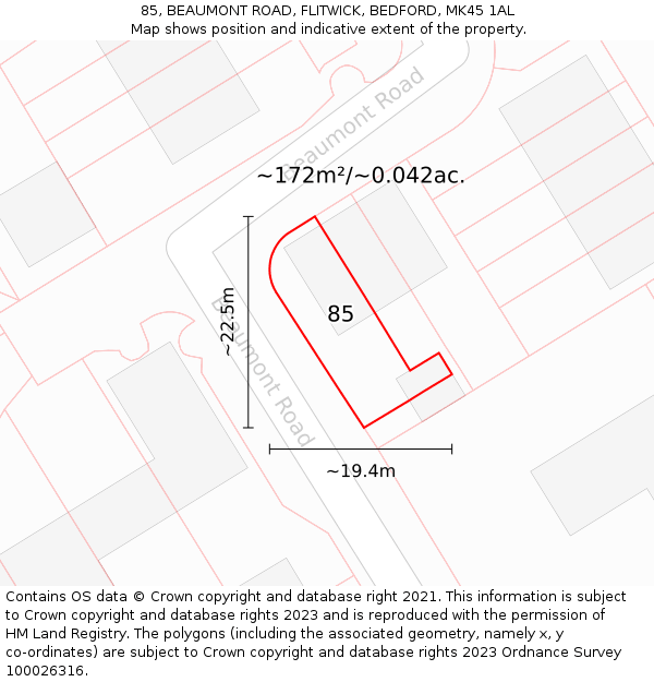 85, BEAUMONT ROAD, FLITWICK, BEDFORD, MK45 1AL: Plot and title map
