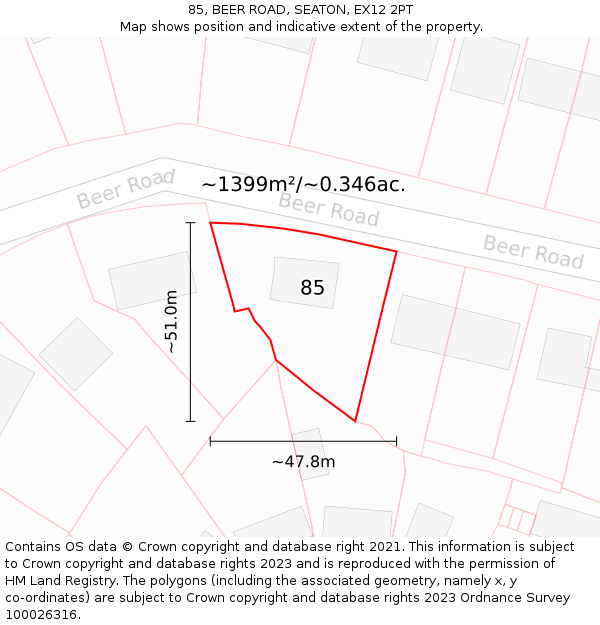 85, BEER ROAD, SEATON, EX12 2PT: Plot and title map