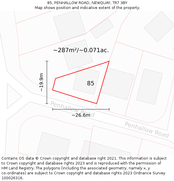 85, PENHALLOW ROAD, NEWQUAY, TR7 3BY: Plot and title map