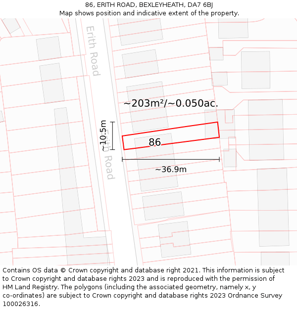 86, ERITH ROAD, BEXLEYHEATH, DA7 6BJ: Plot and title map