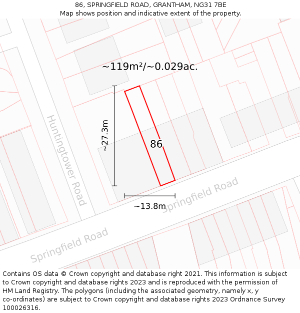 86, SPRINGFIELD ROAD, GRANTHAM, NG31 7BE: Plot and title map