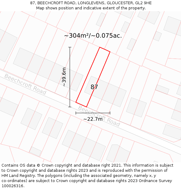 87, BEECHCROFT ROAD, LONGLEVENS, GLOUCESTER, GL2 9HE: Plot and title map