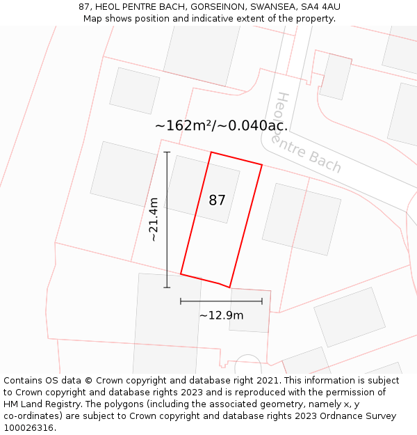 87, HEOL PENTRE BACH, GORSEINON, SWANSEA, SA4 4AU: Plot and title map