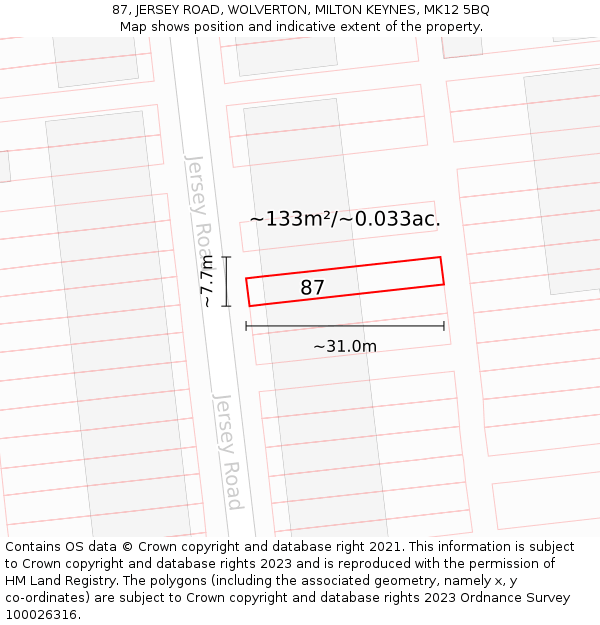 87, JERSEY ROAD, WOLVERTON, MILTON KEYNES, MK12 5BQ: Plot and title map