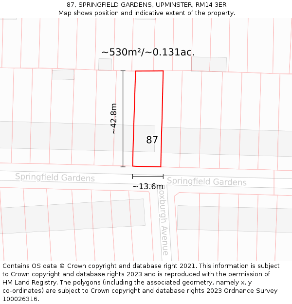 87, SPRINGFIELD GARDENS, UPMINSTER, RM14 3ER: Plot and title map