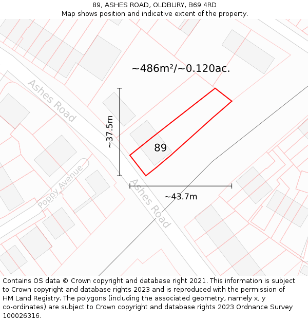89, ASHES ROAD, OLDBURY, B69 4RD: Plot and title map