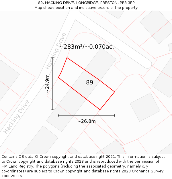 89, HACKING DRIVE, LONGRIDGE, PRESTON, PR3 3EP: Plot and title map