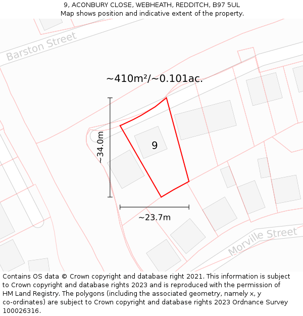 9, ACONBURY CLOSE, WEBHEATH, REDDITCH, B97 5UL: Plot and title map