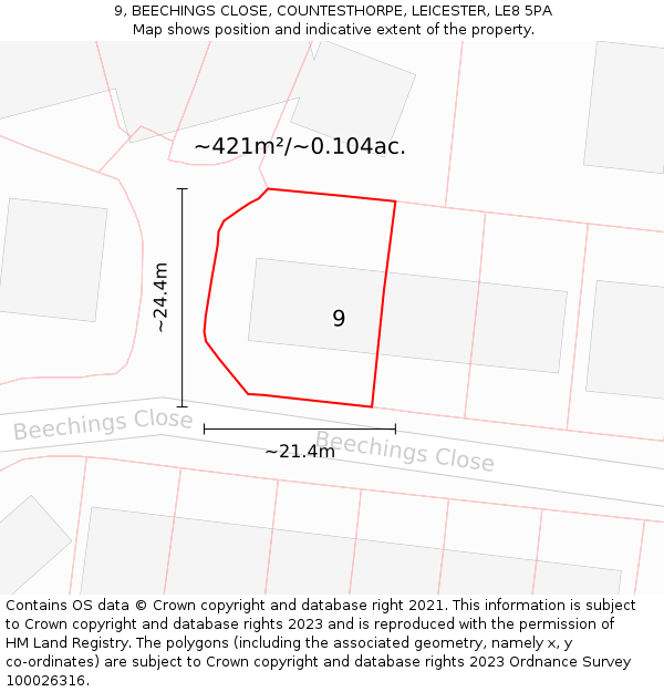 9, BEECHINGS CLOSE, COUNTESTHORPE, LEICESTER, LE8 5PA: Plot and title map