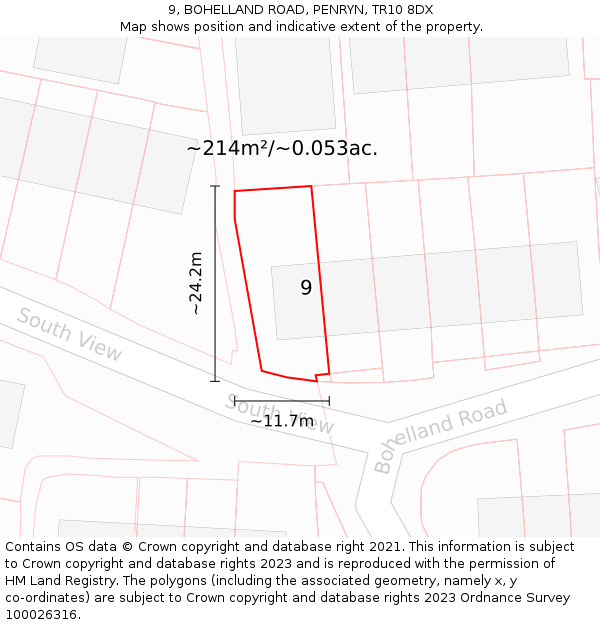 9, BOHELLAND ROAD, PENRYN, TR10 8DX: Plot and title map