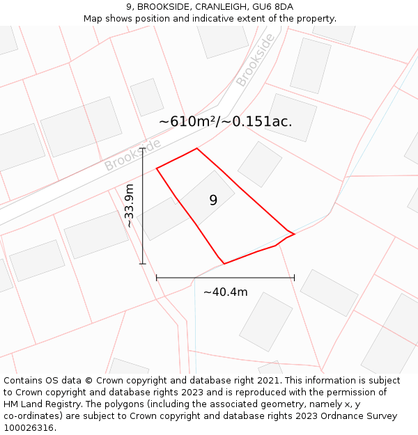 9, BROOKSIDE, CRANLEIGH, GU6 8DA: Plot and title map